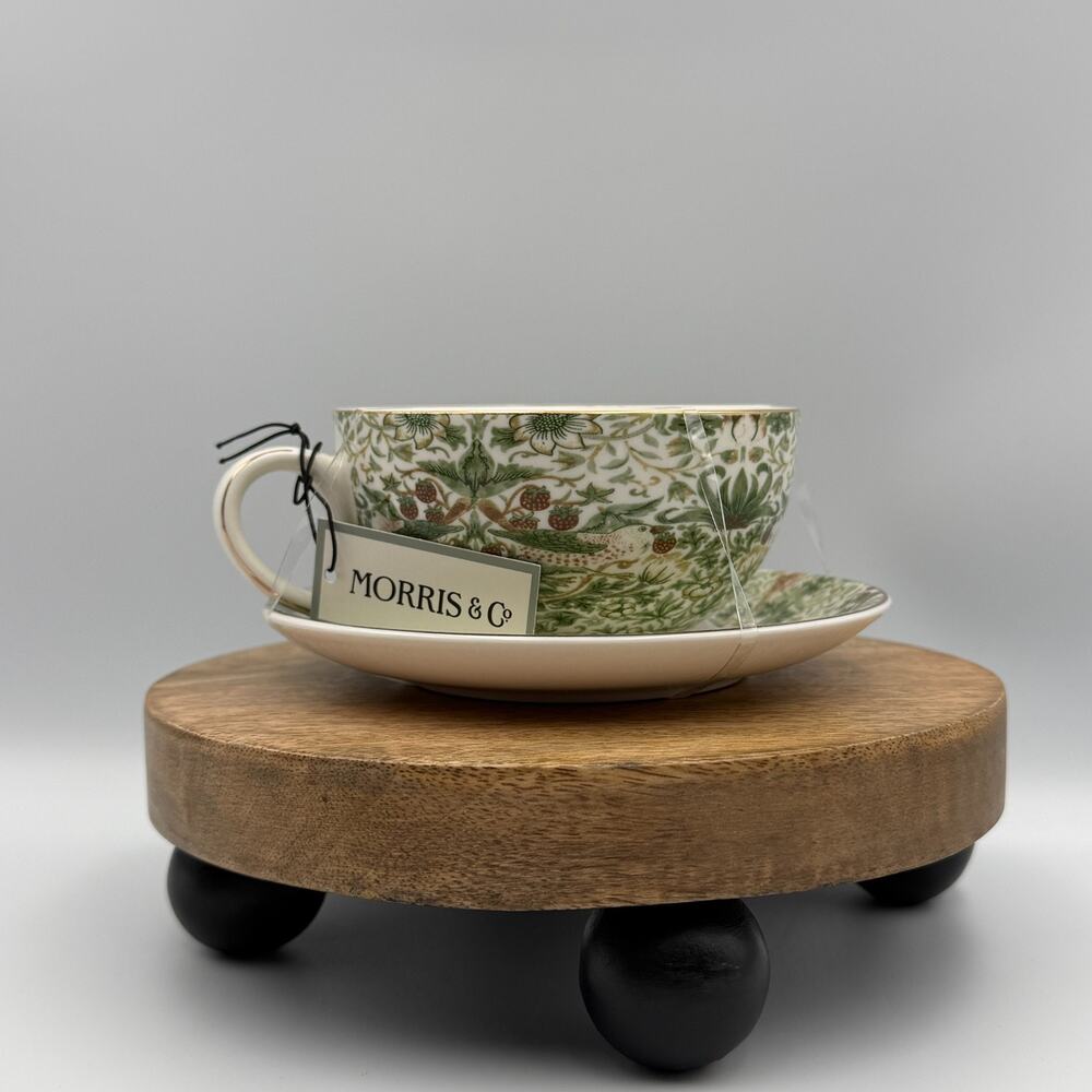 William Morris & Co Strawberry Thief Green Floral Teacup & Saucer Set NWT